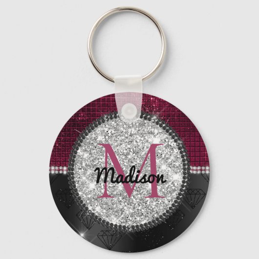 Chic faux Silver Glitter Burgundy Black monogram Sleutelhanger (Voorkant)