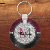 Chic faux Silver Glitter Burgundy Black monogram Sleutelhanger (Voorkant)