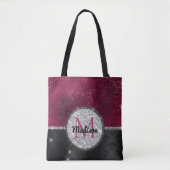 Chic faux Silver Glitter Burgundy Black monogram Tote Bag (Voorkant)