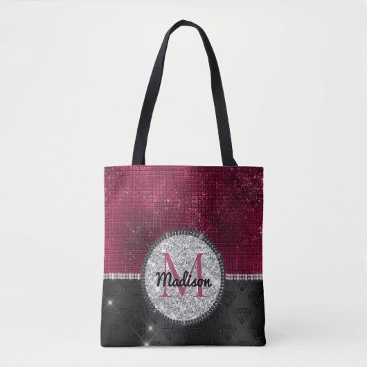 Chic faux Silver Glitter Burgundy Black monogram Tote Bag (Voorkant)