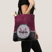 Chic faux Silver Glitter Burgundy Black monogram Tote Bag (Dichtbij)
