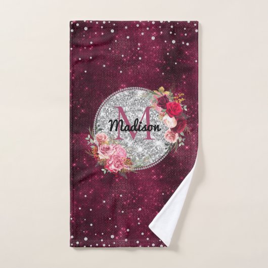 Chic faux Silver Glitter Burgundy Floral monogram Bad Handdoek (Handdoek)