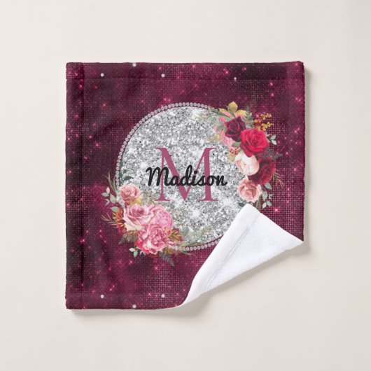 Chic faux Silver Glitter Burgundy Floral monogram Bad Handdoek (Wasdoekje)