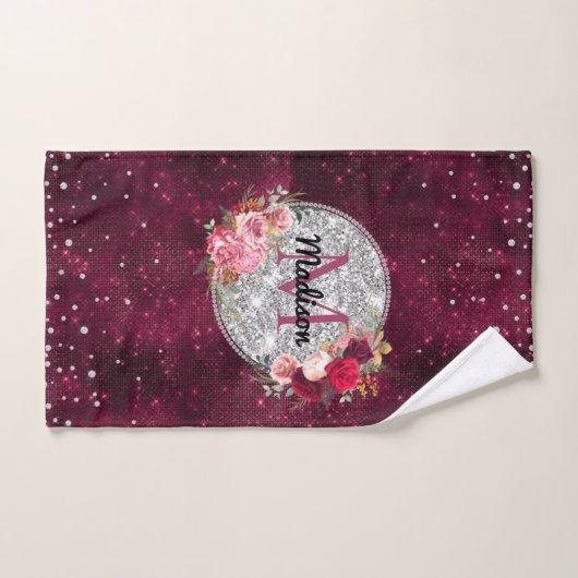 Chic faux Silver Glitter Burgundy Floral monogram Bad Handdoek (Handdoek)