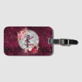 Chic faux Silver Glitter Burgundy Floral monogram Bagagelabel (Voorkant (horizontaal))