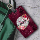Chic faux Silver Glitter Burgundy Floral monogram Bagagelabel