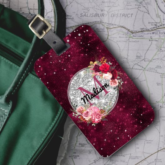Chic faux Silver Glitter Burgundy Floral monogram Bagagelabel