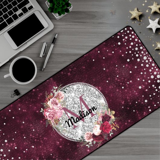 Chic faux Silver Glitter Burgundy Floral monogram Bureaumat