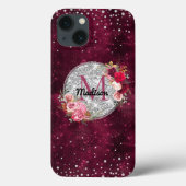 Chic faux Silver Glitter Burgundy Floral monogram Case-Mate iPhone Case (Achterkant)