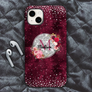 Chic faux Silver Glitter Burgundy Floral monogram Case-Mate iPhone 14 Hoesje