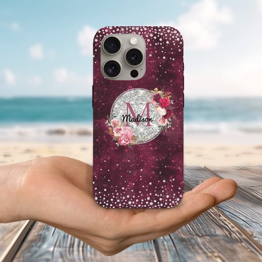 Chic faux Silver Glitter Burgundy Floral monogram Case-Mate iPhone Case