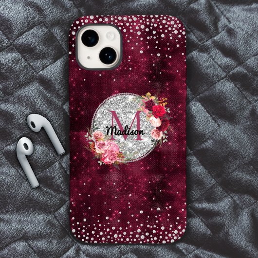 Chic faux Silver Glitter Burgundy Floral monogram Case-Mate iPhone Case