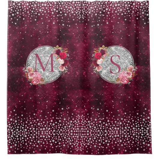 Chic faux Silver Glitter Burgundy Floral monogram Douchegordijn (Voorkant)