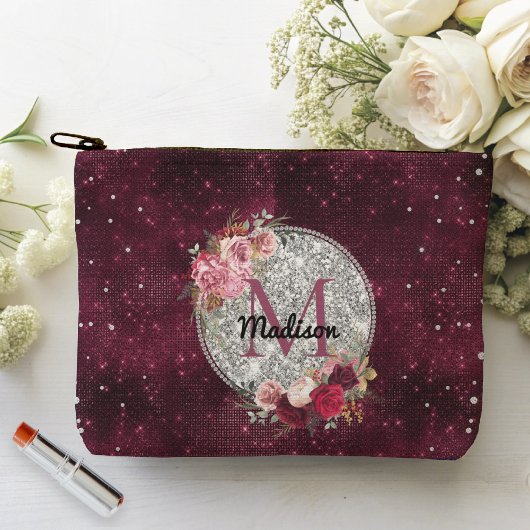 Chic faux Silver Glitter Burgundy Floral monogram Etui