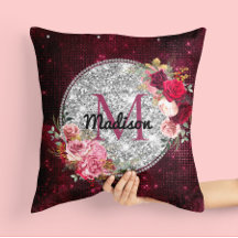 Chic faux Silver Glitter Burgundy Floral monogram