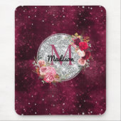 Chic faux Silver Glitter Burgundy Floral monogram Muismat (Voorkant)
