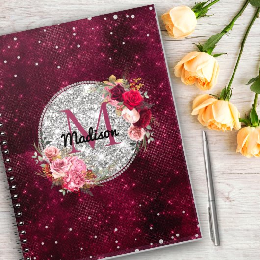 Chic faux Silver Glitter Burgundy Floral monogram Notitieboek