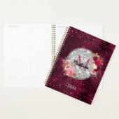 Chic faux Silver Glitter Burgundy Floral monogram Planner (Display)
