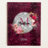 Chic faux Silver Glitter Burgundy Floral monogram Planner (Voorkant)