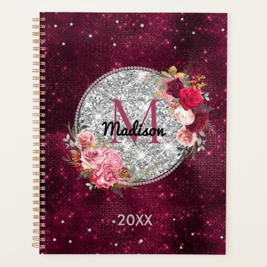 Chic faux Silver Glitter Burgundy Floral monogram Planner (Voorkant)