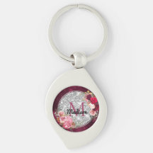Chic faux Silver Glitter Burgundy Floral monogram