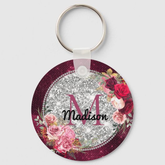 Chic faux Silver Glitter Burgundy Floral monogram Sleutelhanger (Voorkant)