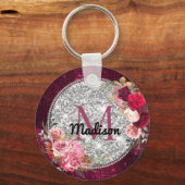 Chic faux Silver Glitter Burgundy Floral monogram Sleutelhanger (Voorkant)