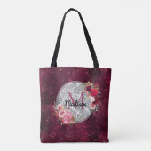 Chic faux Silver Glitter Burgundy Floral monogram Tote Bag (Achterkant)