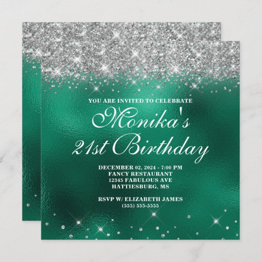 Chic Faux Silver Glitter Monogram Groene Folie Omb Kaart (Voorkant / Achterkant)