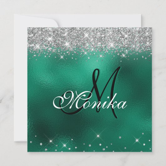 Chic Faux Silver Glitter Monogram Groene Folie Omb Kaart (Achterkant)