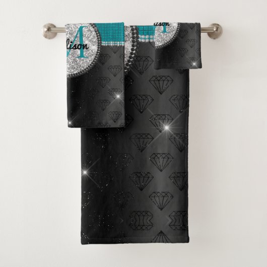 Chic faux Silver Glitter Turquoise Black monogram Bad Handdoek (Insitu)