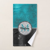 Chic faux Silver Glitter Turquoise Black monogram Bad Handdoek (Handdoek)