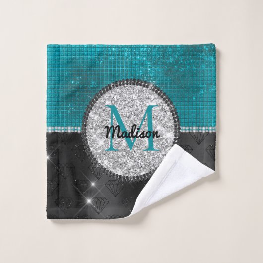 Chic faux Silver Glitter Turquoise Black monogram Bad Handdoek (Wasdoekje)