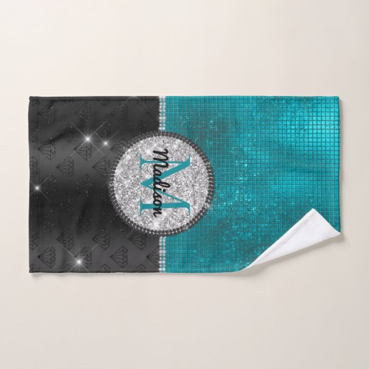 Chic faux Silver Glitter Turquoise Black monogram Bad Handdoek (Handdoek)