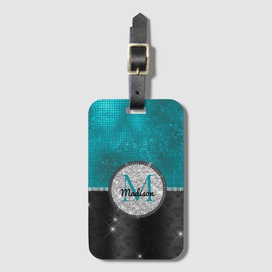Chic faux Silver Glitter Turquoise Black monogram Bagagelabel (Voorkant (verticaal))