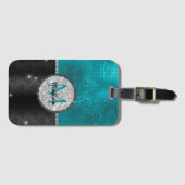 Chic faux Silver Glitter Turquoise Black monogram Bagagelabel (Voorkant (horizontaal))