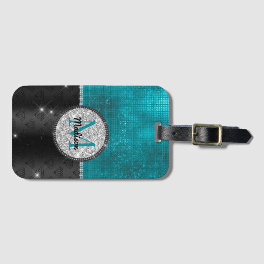Chic faux Silver Glitter Turquoise Black monogram Bagagelabel (Voorkant (horizontaal))
