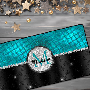 Chic faux Silver Glitter Turquoise Black monogram Bureaumat