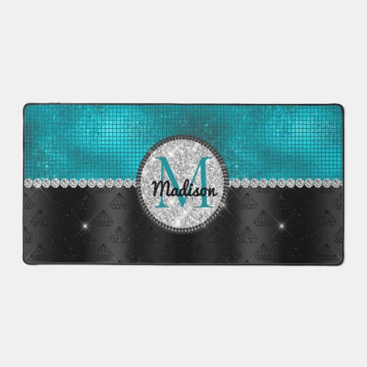 Chic faux Silver Glitter Turquoise Black monogram Bureaumat (Voorkant)