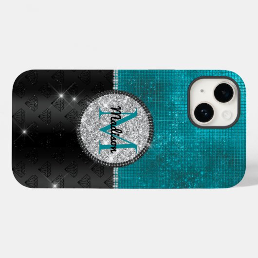 Chic faux Silver Glitter Turquoise Black monogram Case-Mate iPhone Case (Achterkant (horizontaal))