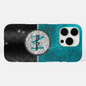Chic faux Silver Glitter Turquoise Black monogram Case-Mate iPhone Case (Achterkant (horizontaal))