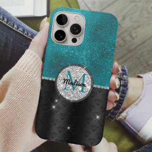 Chic faux Silver Glitter Turquoise Black monogram iPhone 16 Pro Hoesje