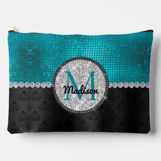 Chic faux Silver Glitter Turquoise Black monogram Etui (Voorkant)