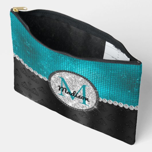 Chic faux Silver Glitter Turquoise Black monogram Etui (Open)