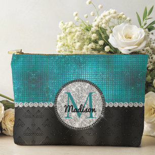 Chic faux Silver Glitter Turquoise Black monogram Etui