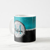 Chic faux Silver Glitter Turquoise Black monogram Koffiemok (Voorkant links)
