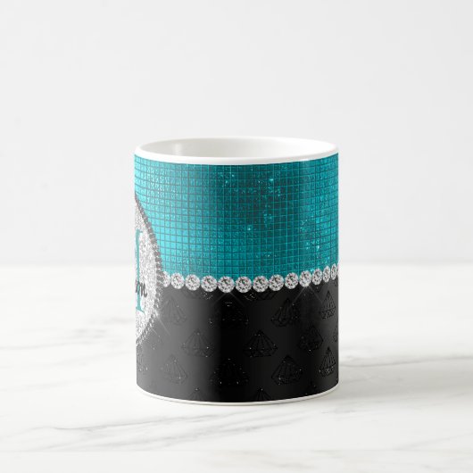 Chic faux Silver Glitter Turquoise Black monogram Koffiemok (Center)