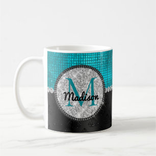 Chic faux Silver Glitter Turquoise Black monogram Koffiemok
