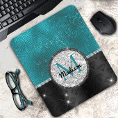 Chic faux Silver Glitter Turquoise Black monogram Muismat