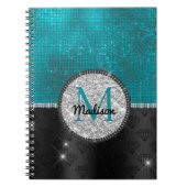 Chic faux Silver Glitter Turquoise Black monogram Notitieboek (Voorkant)
